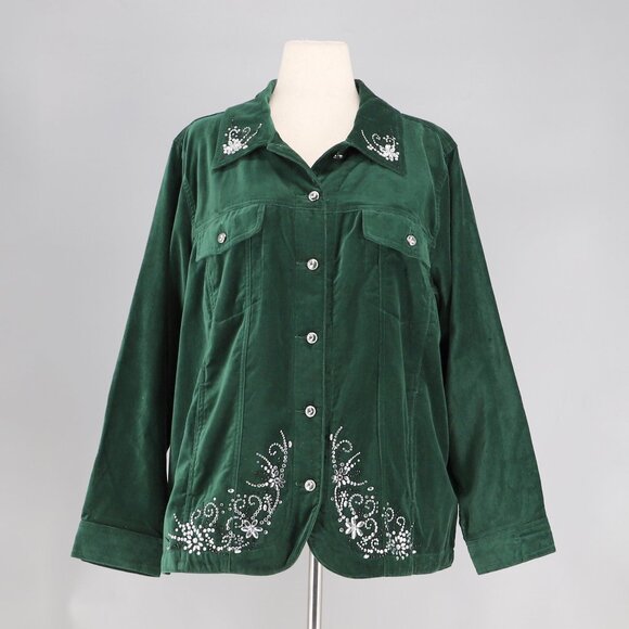 NWT QUACKER FACTORY Green Embellished Velvet Jacket Size 1X - Picture 1 of 8